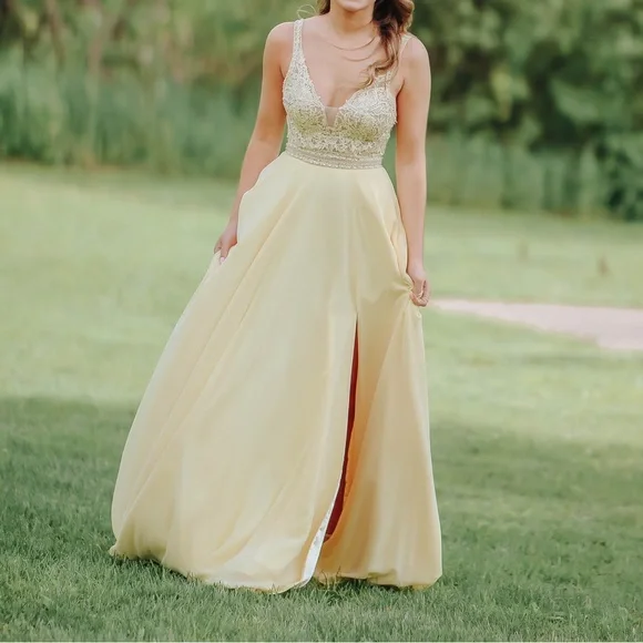 yellow satin formal dress Emeline V-Neck Satin Maxi Dress